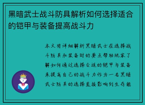 黑暗武士战斗防具解析如何选择适合的铠甲与装备提高战斗力